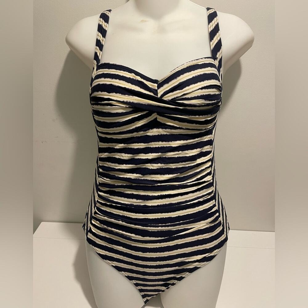 NIP TUCK SWIM Brand One Piece Swimsuit Joanne Ruched Blue White Stripe  US 6